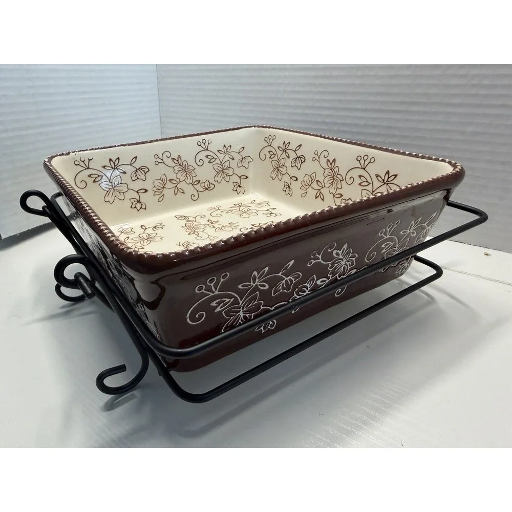 Temp-tations by Tara Brown Floral Lace Ovenware Square Dish with Metal Rack